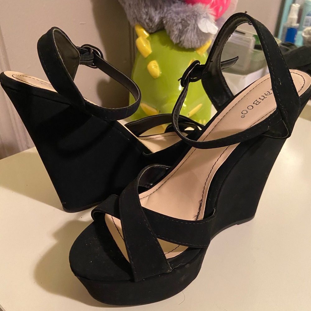 *SOLD* Bamboo Black Suede Platform Wedges, 9M